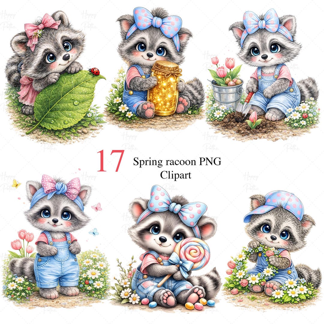 Spring Raccoon Pattern Spring Raccoon Clipart PNG – Easter Whimsical Animals, 17 Digital ...