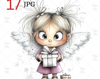 17 Quirky Whimsical Angel Girl Clipart, Watercolor Angels with Present JPG set, Instant Download High Quality JPG, Paper Craft