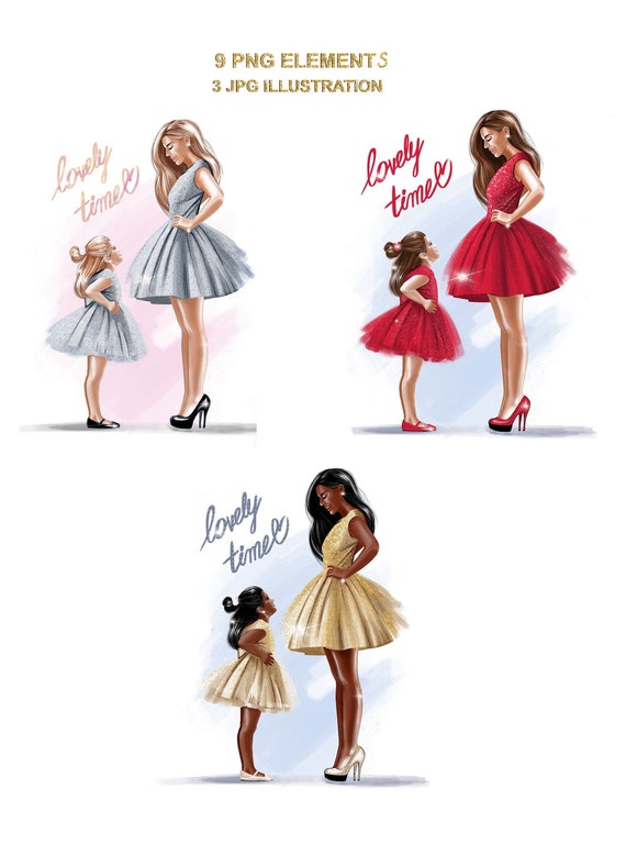 Fashion mom clipart, Fashion clipart, fashion artwork, mother and daughter, African girl clipart, gold glitter, mother gift, girly wall art