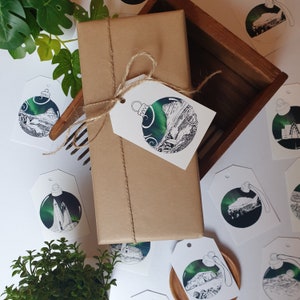 Etichette regalo / Etichetta regalo di lusso artistico / Confezione regalo / Compleanno / Etichetta da imballaggio / Islanda / Etichetta regalo uccello / Etichetta regalo montagna