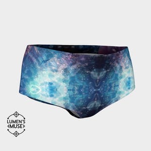 May include: Blue and purple galaxy print underwear with a high-waisted fit.