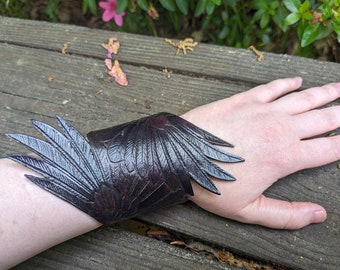 Tooled leather double raven wing cuff bracelet