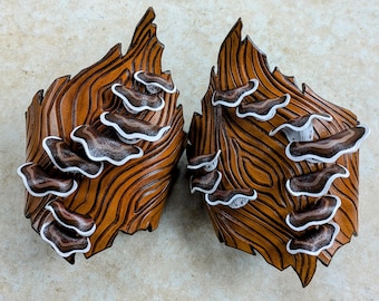 Tooled leather shelf mushroom tree bark bracers - made to order