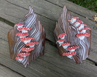 Tooled leather amanita mushroom tree bark bracers - made to order