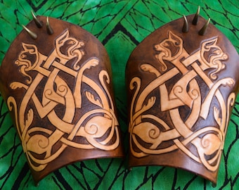 Celtic cats tooled leather bracers - made to order