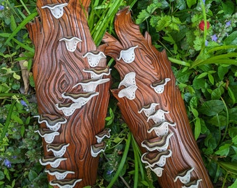 Large tooled leather woodland tree bark bracers with shelf mushrooms - made to order