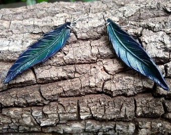 Raven feather leather earrings