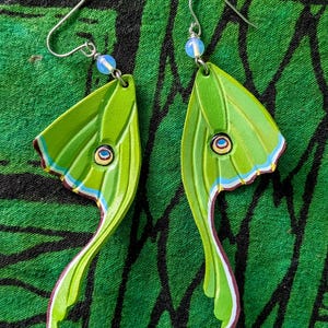 Luna moth leather earrings with moonstone