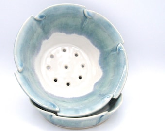 White & Blue berry bowl set, Multi color ceramic colander, handmade pottery