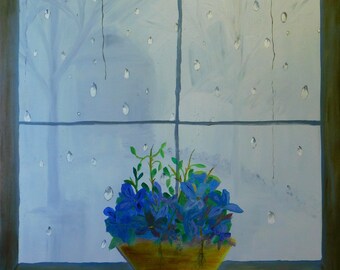 Blue Flowers on Window Sill