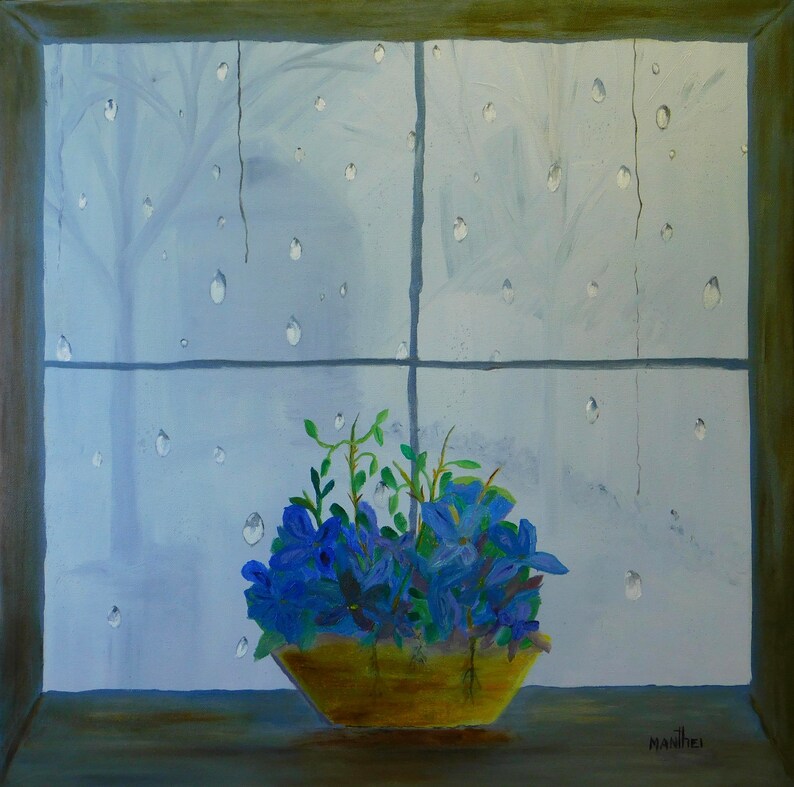 Blue Flowers On Window Sill Etsy