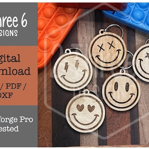 Digital File Smiley Face Keychains: Laser Cut File, Glowforge, SVG/PDF/DXF, Inspirational, Retro, Happy, Wood Keychain, Acrylic
