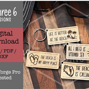 May include: Six wooden keychains with different beach-themed designs. The keychains feature phrases like "Life is better at the beach", "All I need is vitamin sea", and "The beach is calling".