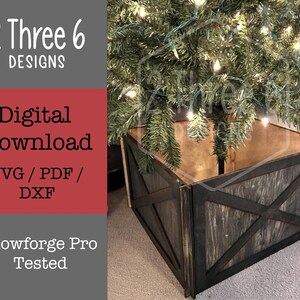 May include: A wooden Christmas tree stand with a rustic brown finish and a criss-cross design. The stand is made of wood and has a square shape. The stand is sitting on a carpet. 2 Three 6 DESIGNS Digital Download SVG / PDF / DXF Glowforge Pro Tested