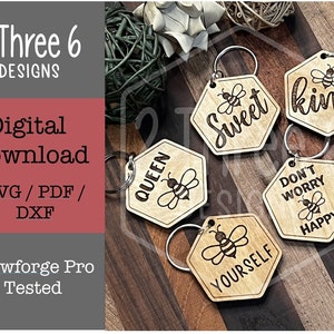 Digital File Bee Keychain: Laser Cut File, Glowforge, SVG/PDF/DXF, Inspirational Sayings, Hexagon, Bee Quotes, Sweet, Kind, Wood, Acrylic