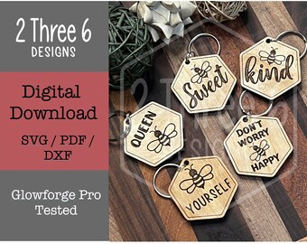 Digitaal bestand Bee-sleutelhanger: lasergesneden bestand, Glowforge, SVG/PDF/DXF, inspirerende uitspraken, zeshoek, bijcitaten, zoet, soort, hout, acryl
