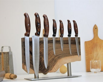 Walnut wood Live Edge Knife Holder Magnetic Knife Holder Both Sided for 12 Knife