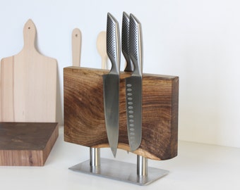 Wooden Knife Holder With Stainless Steel Base Magnetic Knife Holder
