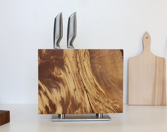 Knife Holder Made from old Olive Wood Magnetic knife holder With Stainless Steel Base Knife Rack