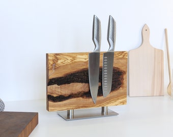 Rustic Olive Wood Magnetic Knife Holder With Stainless Steel Base