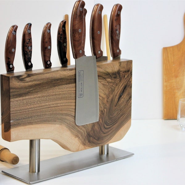 Walnut wood Live Edge Knife Holder Magnetic Knife Holder Both Sided for 12 Knife