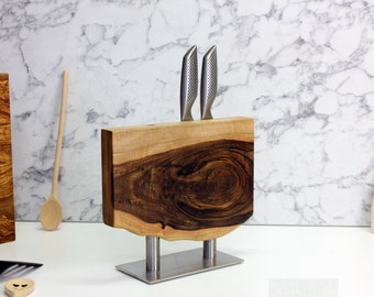 Magnetic Knife Holder Walnut Wood Knife Stand With Stainless Steel