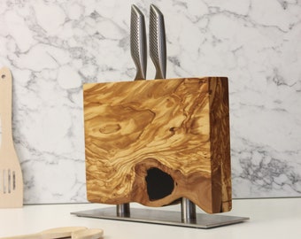 Live Edge Magnetic Knife Holder Olive Wood Knife Stand With Metal Base