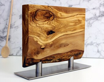 Live Edge Magnetic Knife Holder Olive Wood Knife Stand With Metal Base