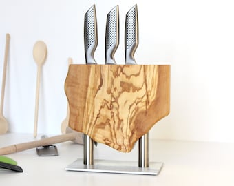 Knife Holder Made from old olive wood Magnetic knife holder With Stainless Steel Base Knife Rack