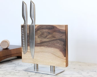 Magnetic Knife Holder Walnut Wood Knife Block Both Sided With Stainless Steel base