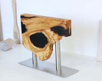Live Edge Magnetic Knife Holder Olive Wood Knife Stand With Metal Base Both Sided
