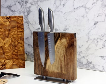 Magnetic Knife Holder Made From Walnut Wood With Stainless Steel Base