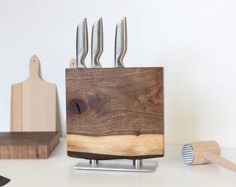 Support de couteau magnétique en bois Live Edge avec base en métal