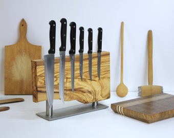 Olive Wood Knife Holder Wooden Knife Block with Stainless Steel Base Knife organiser