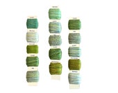 Pack of 5 hand dyed embroidery threads in shades of green, 5 thin threads, variegated colours,