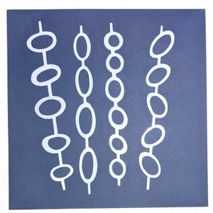 May include: Four white strings of connected circles on a dark blue background. Each string has a different number of circles.