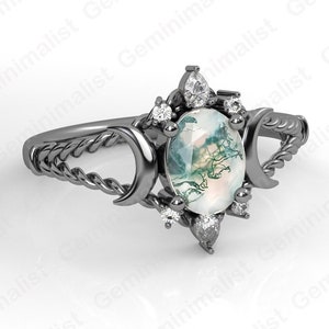 Moon of My Life Ring, Moss Agate Moon Engagement Ring, Triple Goddess Moon Ring, Gothic Wedding Ring, Pagan Jewelry, Witchcraft ring