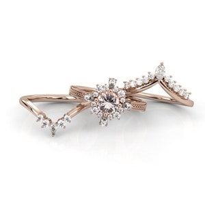 Pink Morganite Engagement Ring Set, Real Natural Morganite Wedding Ring Set, 3 Pcs Bridal ring set Women, Sterling Silver Morganite Ring Set