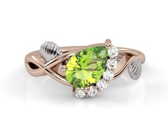 Anillo de compromiso de peridoto natural, anillo de compromiso con temática oceánica, anillo de arena y olas, joyería playera, anillo de concha, joyería de verano, náutico, anillo de sirena