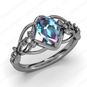 Floral Alexandrite Engagement Ring Alexandrite Pear Shaped Wedding Ring lily Engagement Ring Twig Wedding Ring Nature inspired Leaf ring