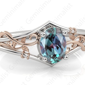 Vintage Unique oval cut Alexandrite engagement ring Branch and vine rose gold ring art deco bridal wedding ring for women Silver twig ring