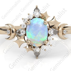 Opal Engagement Ring, Triple Moon Ring, Witchy wedding Ring, Celestial Ring, Australian Opal Ring, Crescent Moon Ring, Moon and Stars Ring