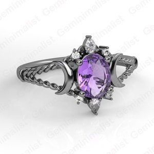 Natürlicher Amethyst dreifacher Göttin Mondring, zarter Mondstern-Verlobungsring,Februar-Geburtsstein,Amethyst-Ehering, Kosmos-Ring-Geschenk