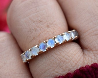 Natural Moonstone Half Eternity Band, Blue Moonstone Ring Engagement Ring, Rainbow Moonstone Wedding Band Dainty Promise Ring Stacking Band