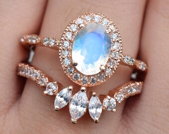 Natural Moonstone Engagement Ring Set, Moonstone Wedding Ring Set, 14k Rose Gold Moonstone Ring, Oval Moonstone Bridal Ring Set, June Ring