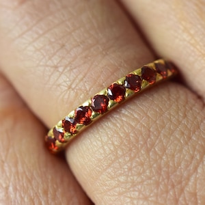 Garnet Wedding band, Full Eternity Ring, 14K Gold Garnet Ring, Micro Pave Stackable Band, January Birthstone, Art Deco Ring,Red Garnet Ring