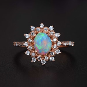 Natural Australian Opal Engagement Ring, 14K Solid Gold Opal Ring, Dainty Opal Ring, Oval Opal Ring, Diamond Cluster Ring, Anniversary Gift