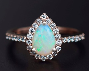 Vintage Australian Opal Engagement Silver Ring, October Birthstone Opal Pear Halo Ring, 14k Gold Opal Ring Women, Dainty Art Deco Jewelry