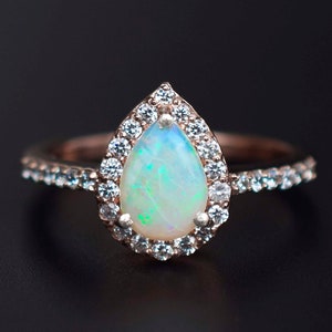 Vintage Australian Opal Pear Engagement Ring, Pear Cut Opal Wedding Ring Set, Women Halo Engagement Ring, 14k Rose Gold Antique Opal Ring
