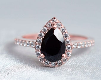 Vintage Pear shaped Black onyx engagement ring art deco ring Bridal ring Half eternity ring, 14k Rose gold ring, Antique Wedding Ring Women